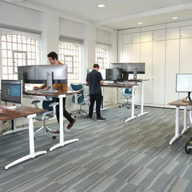 Standing desk setups with large dual screen monitors