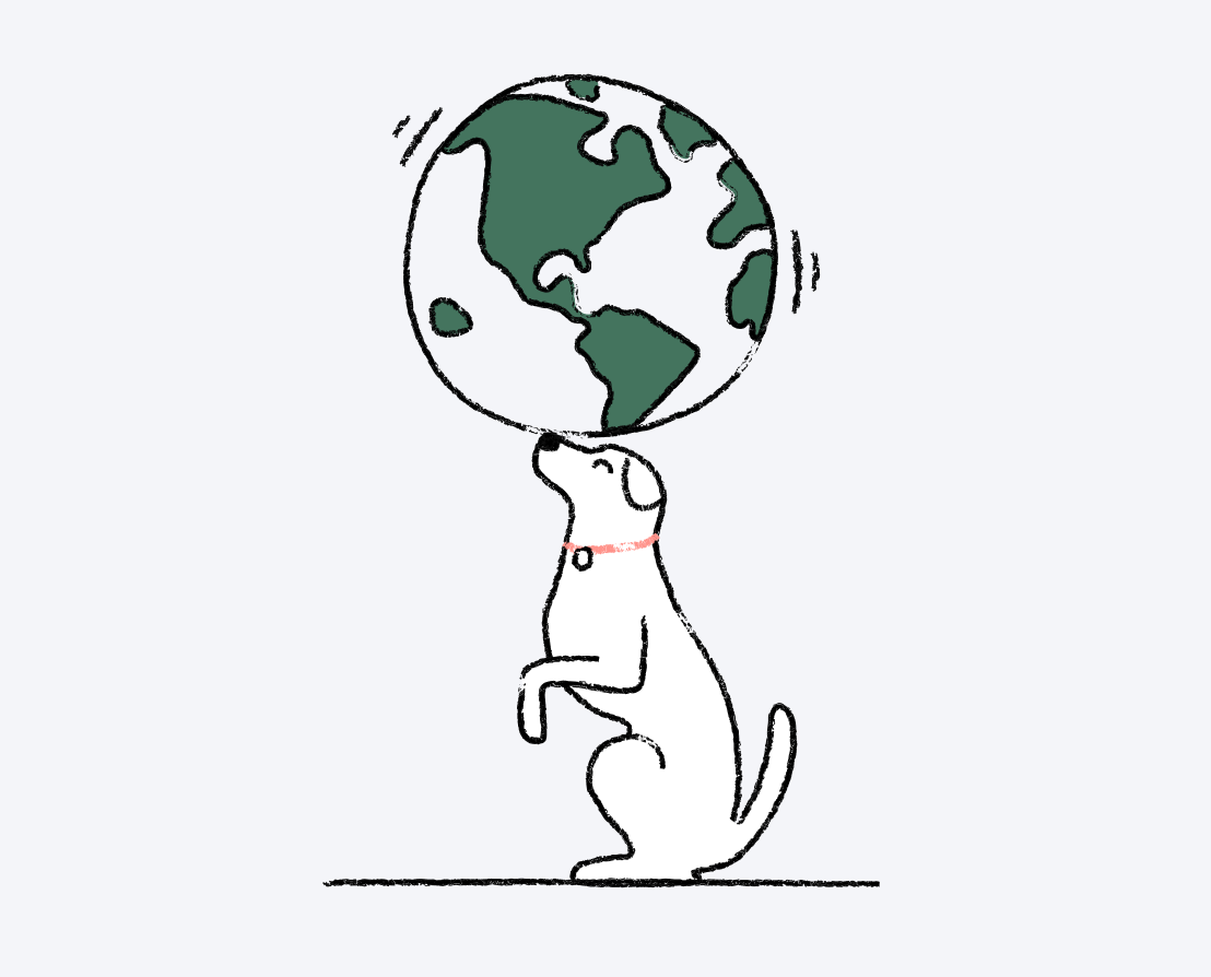 Illustration of a dog balancing a globe on its nose